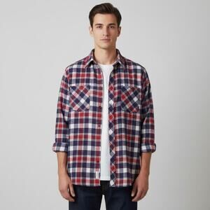 Ryan Keith Plaid Flannel Button Down Shirt Mens XL Red Blue Fall Lumberjack